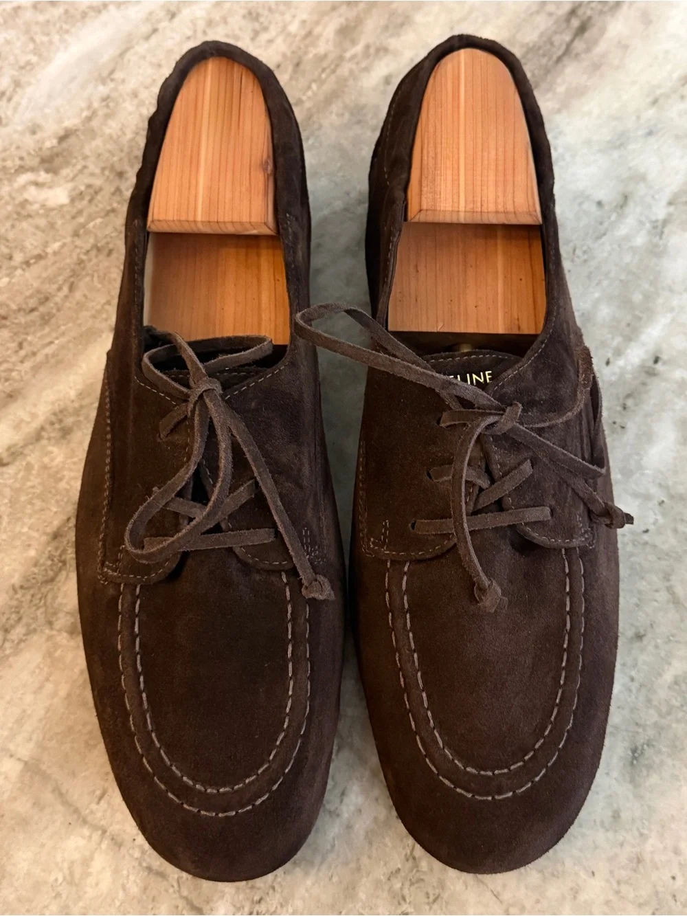 CELINE ADAM DARK BROWN SUEDE BOAT SHOES 44 /12 US $1000 MOCCASINS LACE UPS BALLY
